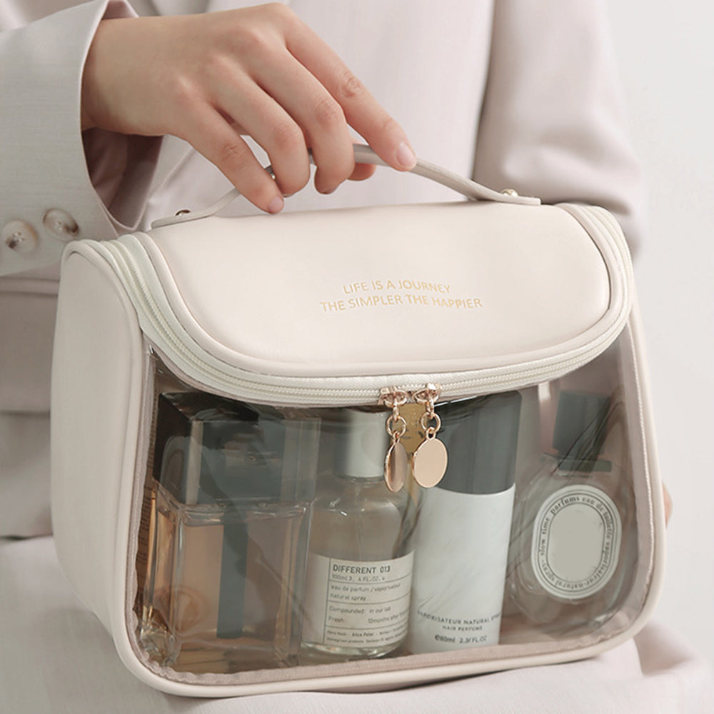 HK8297 Waterproof Clear Design Makeup Bag Large Capacity Cosmetic Bag PU Leather PVC Travel Toiletry Organizer with Portable Handle Strap HK8297 Waterproof Clear Design Makeup Bag Large Capacity Cosmetic Bag PU Leather PVC Travel Toiletry Organizer with Portable Handle Strap